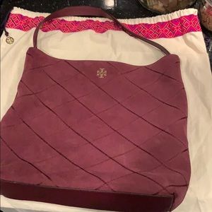 Oxblood maroon Tory Burch suede hobo bag